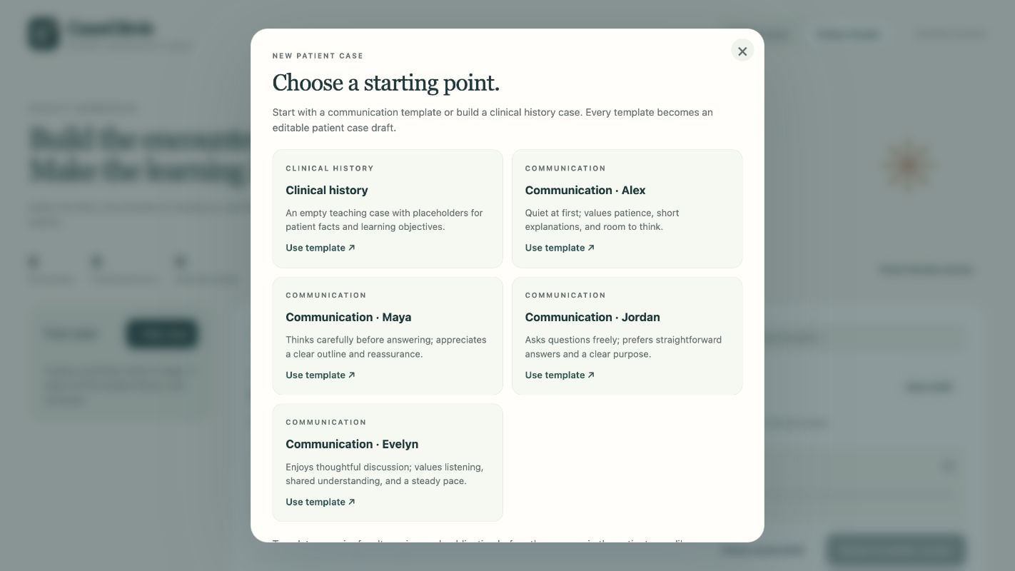 CaseClimb new-case chooser offering a clinical history template and editable communication templates for Alex, Maya, Jordan and Evelyn