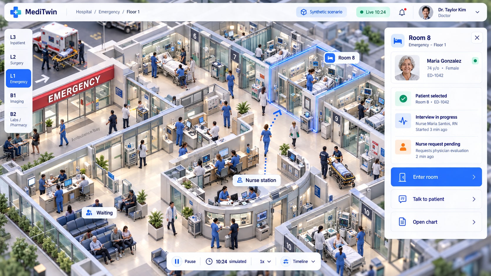 Early AI-generated MediTwin design concept showing an isometric emergency department with a patient sidebar and simulated workflow markers