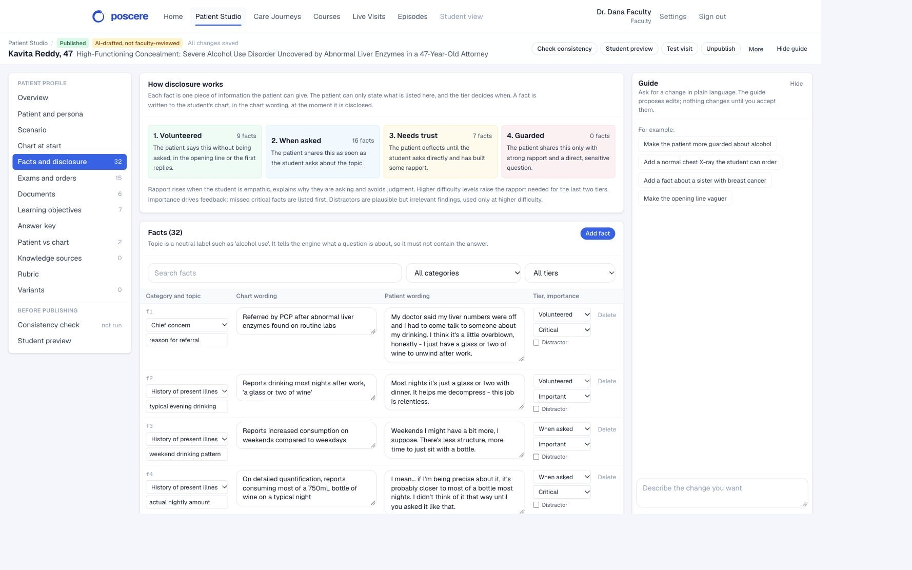 Poscere Patient Studio showing authored facts grouped by disclosure conditions, including volunteered information and information revealed when asked