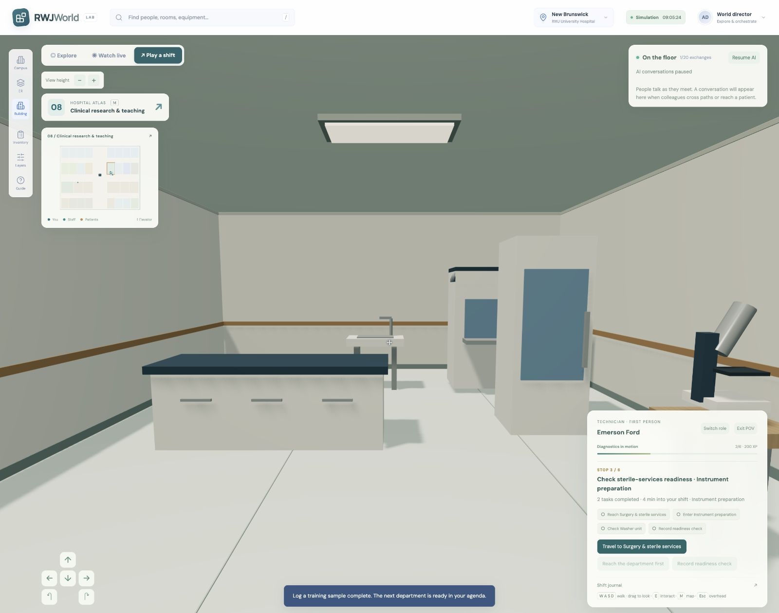 Working hospital-world prototype with a first-person technician role, navigation map and guided training objectives in an authored research department