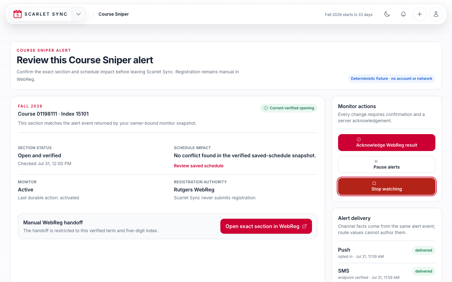 Scarlet Sync verified Course Sniper alert workflow
