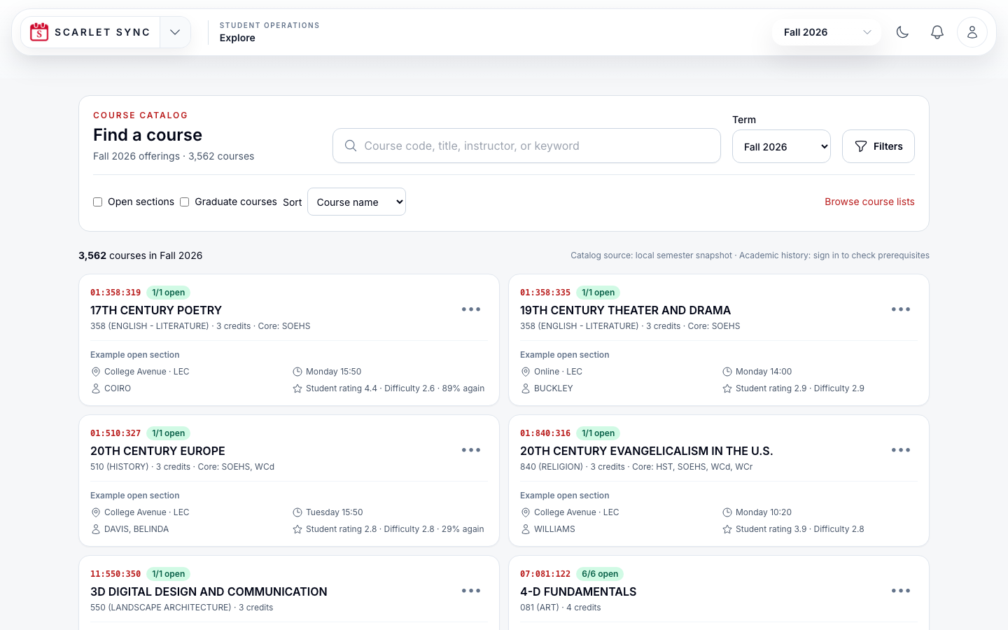 Scarlet Sync course explorer with availability and student ratings