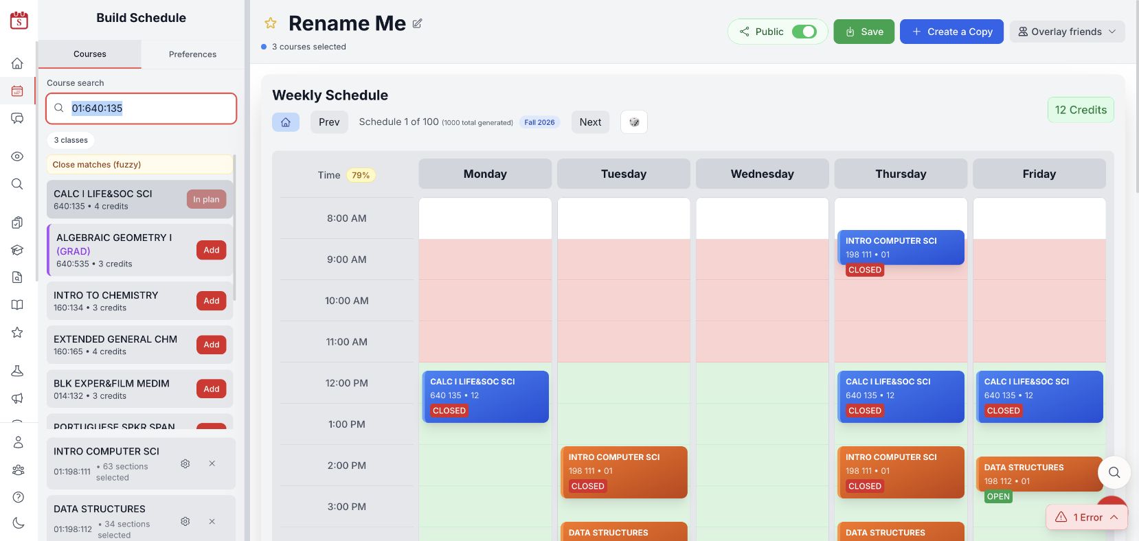 Scarlet Sync generated weekly schedule
