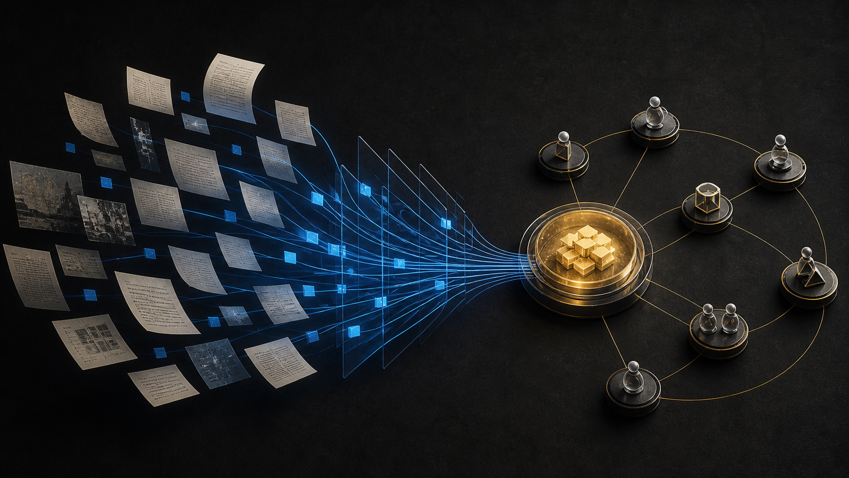Documents and retrieval paths converging on a luminous evidence core with connected agent nodes