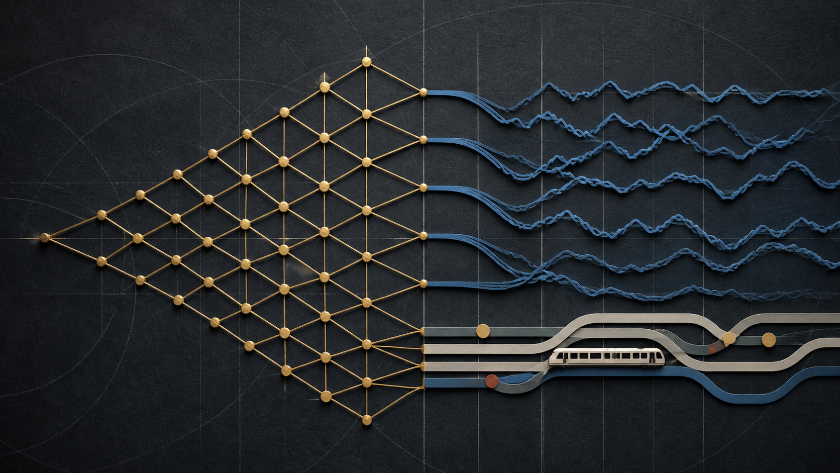 Combinatorial lattice branching into time-series traces and a transit network