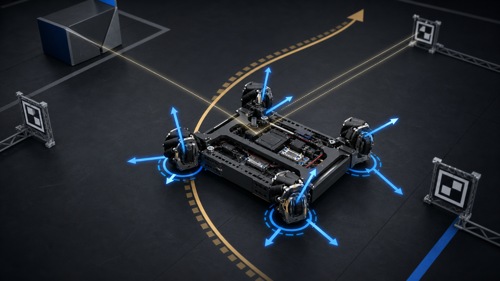 Robotic drive chassis with velocity vectors, a planned trajectory, and fiducial field landmarks
